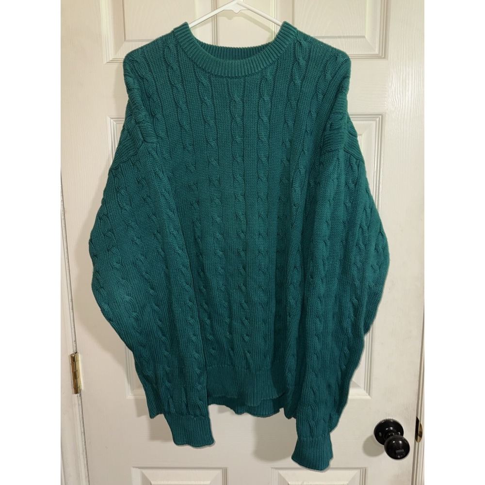 Eddie Bauer Cable Knit Sweater Men's L Green Long Sleeve Pullover Cotton Vtg